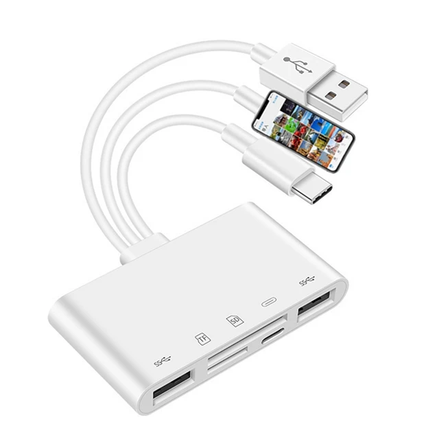 Lector de tarjetas SD Adaptador de cámara USB a iPhone, kit de conexión de  cámara USB OTG 5 en 1 con lector de tarjetas SD TF y conector de