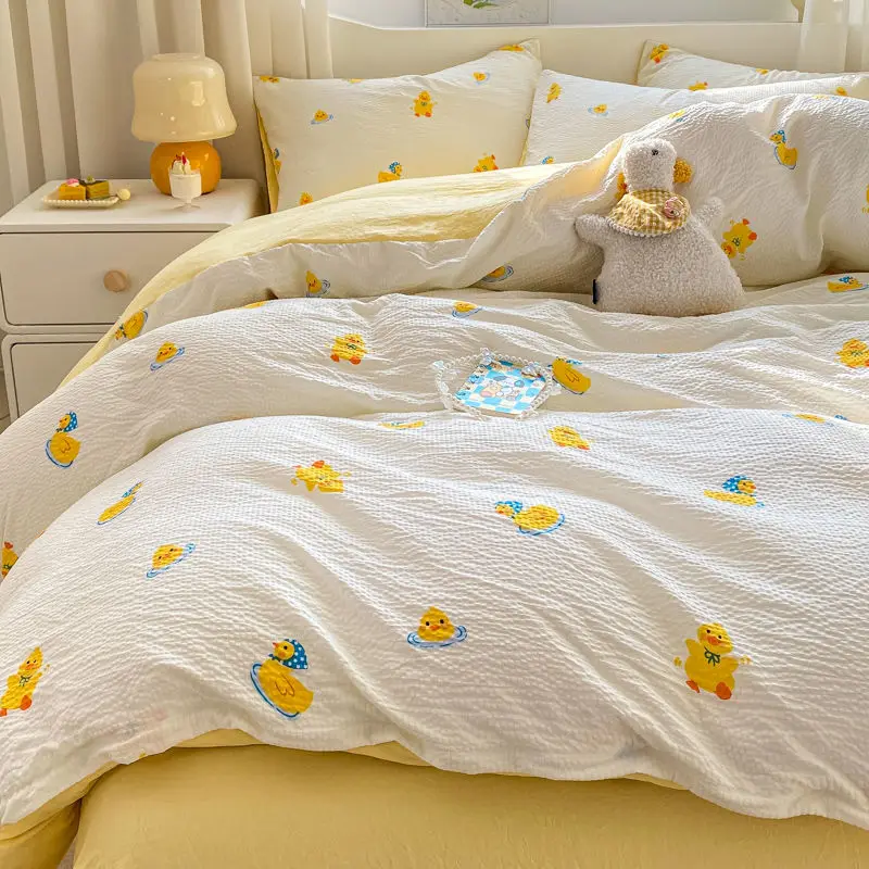 Cartoon Cat Panda Bedding Set INS Korean Flower Duvet Cover Pillowcase Sheet Cute Bedclothes for Kids Boys Girls Bed Linen 3
