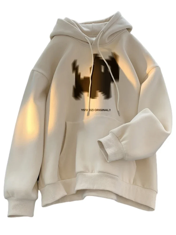 Hooded Sweater Men's Autumn and Winter Cute Cartoon Cat Print New Thickened Fleece-lined Warm American Retro Coat Pullover 1Pc