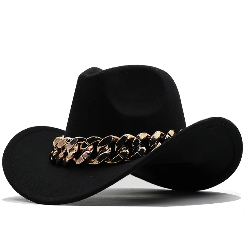 Luxury Men Women Western Cowboy Hat With gold chain Wide Brim Hat Pop Jazz Hat Winter Wool Hat Size 56-58CM fedora hats for sale