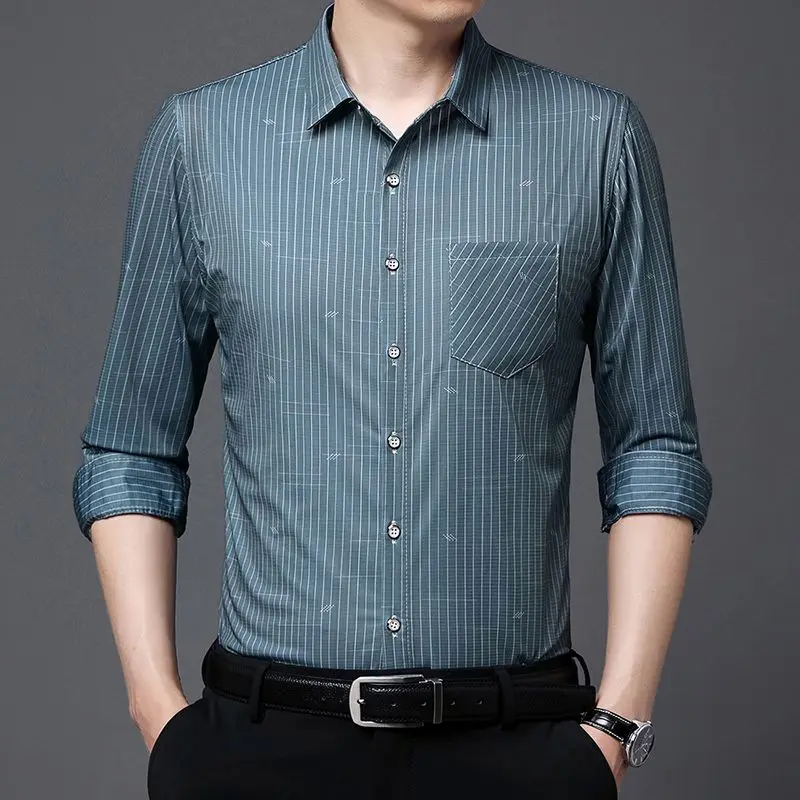 Mens Fashion Ice Silk Blouse Casual Real Pocket Versatile Long Sleeve Cardigan Lapel Tee Shirt Printing Striped Plaid Tops
