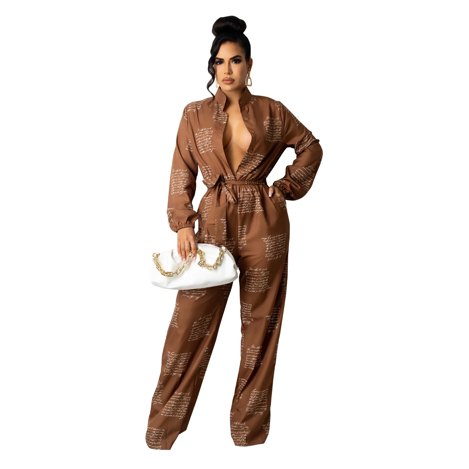 

Women's casual fashion loose fitting shirt long sleeved jumpsuit with belt