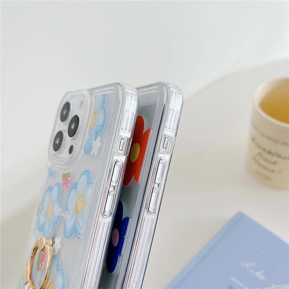 Coque de téléphone transparente avec porte-fleurs de Style coréen, étui Transparent pour iphone 15 14 12 13 11 Pro Max Plus, support Floral mignon pour fille_voghion.com