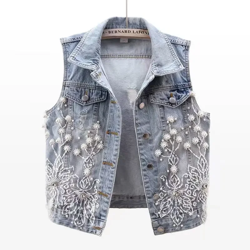 Women's Beaded Flower Denim Vest Denim Waistcoat Korean Fashion Cardigan Sleeveless Cropped Top Loose Plus Size Ripped Vest denim vest women s cropped puffer vest lightweight sleeveless warm vests for women winter stand collar padded gilet