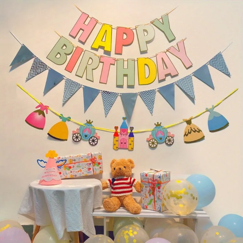 Vibrant Cartoon Themed Birthday Party Banner Decoration Including Multicolor Bunting and Scene Props for Festive Celebrations