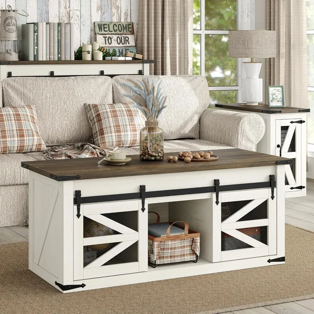 47.3'' White Farmhouse Center Table with Sliding Ironmesh Doors, Rustic Brown Top Rectangular Coffee Table for Living Room 3