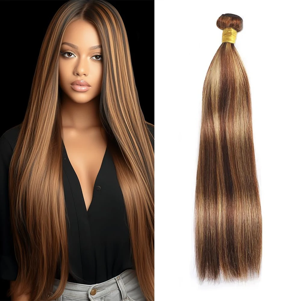 Higlighted Straight Human Hair Bundles P4/27 Brown Color Brazilian Real Hair Extentions Double Wefts Remy Bundles 16 to 26 Inch