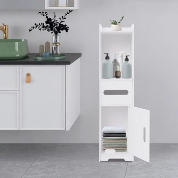 Mobiletto da bagno bianco Bymaocar 80x20x24 cm, mobiletto portaoggetti stretto, ripiano da pavimento indipendente in legno di PVC 1