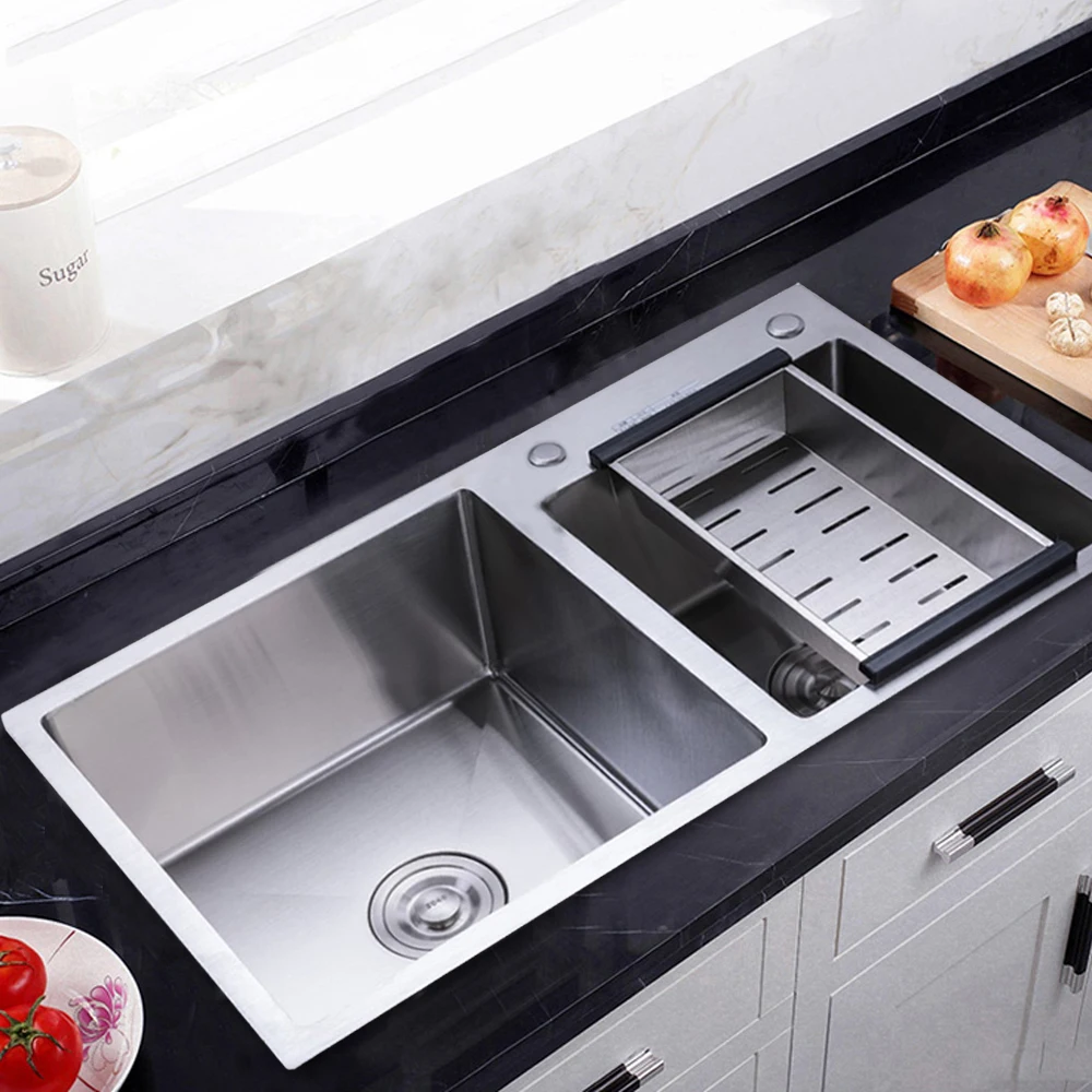 780*430*210mm Kitchen 2 Sink Double Bowl Undermount Composite Drop-in Stainless Steel Double Basin w/Drainer 2