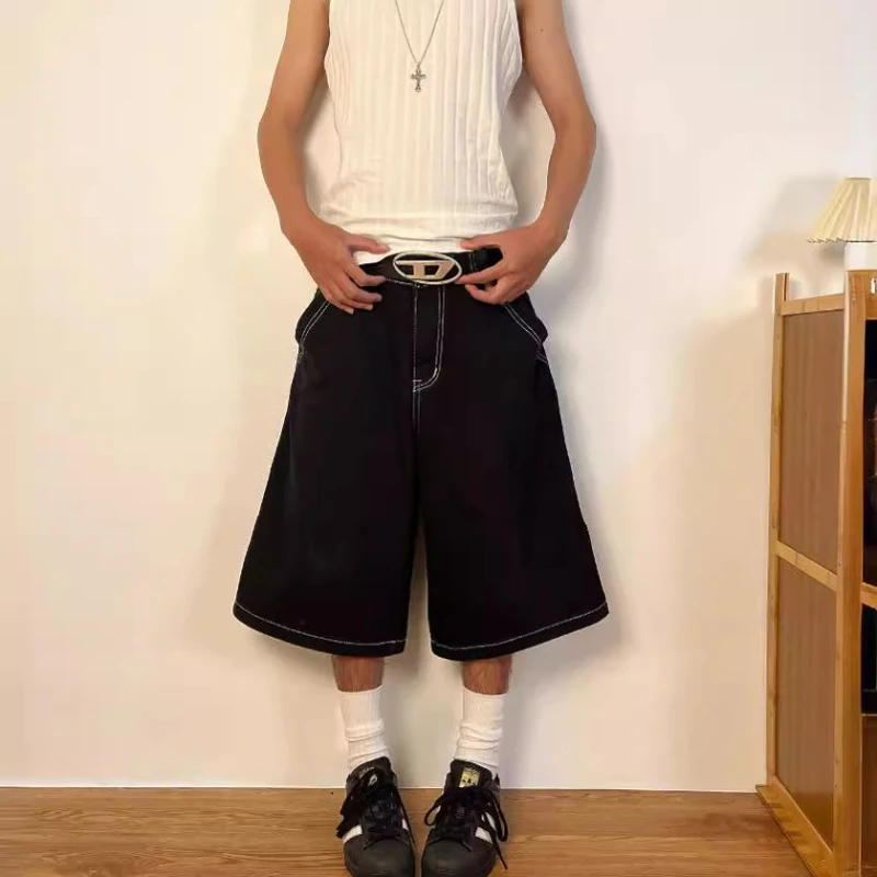 QWEEK 여성용 헐렁한 Jorts 빈티지 아메리칸 스트리트웨어, 와이드 레그, 무릎 길이 청바지, 고딕 자수, 루즈 데님 반바지, Y2k, 여름