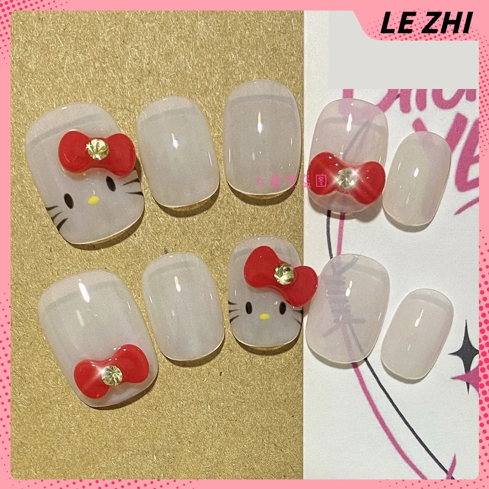 

Kawaii Hello Kitty Spice Girl Y2K Handmade Press on Nails 3D Red Bowknot Nude Milky White Full Cover Artificial Nail Woman Gift