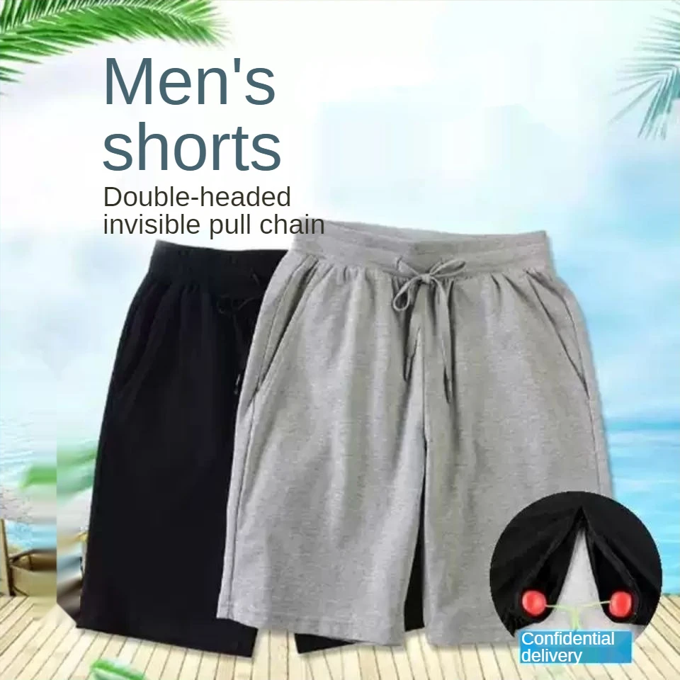 Summer Men's Invisible Zipper Open Crotch Shorts Outdoor Sports Mens Plus Size Casual Shorts Gray Black