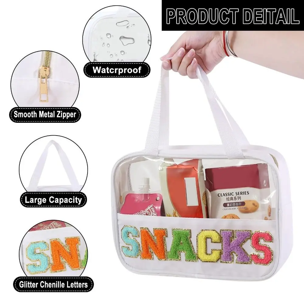 Chenille Letter Patch Snack Bags PVC Zipper Clear Bag Plush Cosmetic Bag