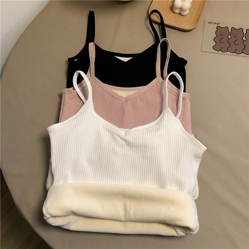 

Winter Velvet Padded Vest Women Solid Color Slim Spaghetti Thermal Underwear Camisole Warm Sling Vest Top Warm Cotton Vest