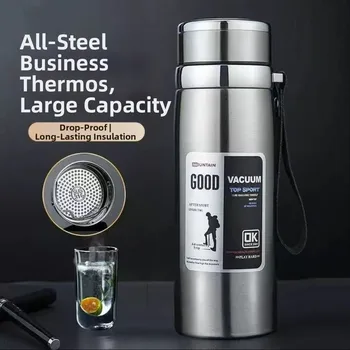 800/1000ml Sports Thermos Bottle Large Capacity Stainless Steel Portable Vacuum Flask Leak Proof with Hanging Rope