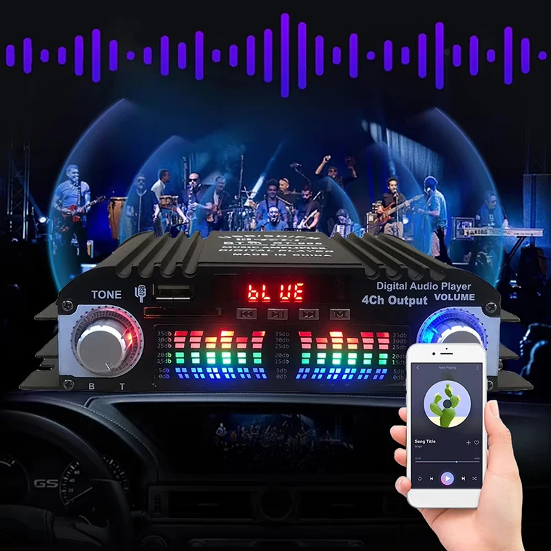 Audio Amplifier 4 Channel 1600W Peak Power Digital Bluetooth Karaoke Player FM Radio Remote Control