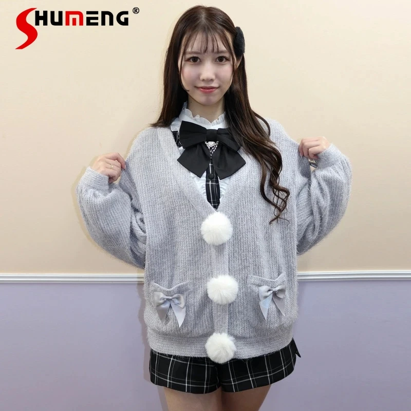 

Women's Clothing Single Breasted Top Jumper SC Sweet Beauty Cardigan Cute Japanese Style Lace Bow V-neck Sweater Silver knitwear