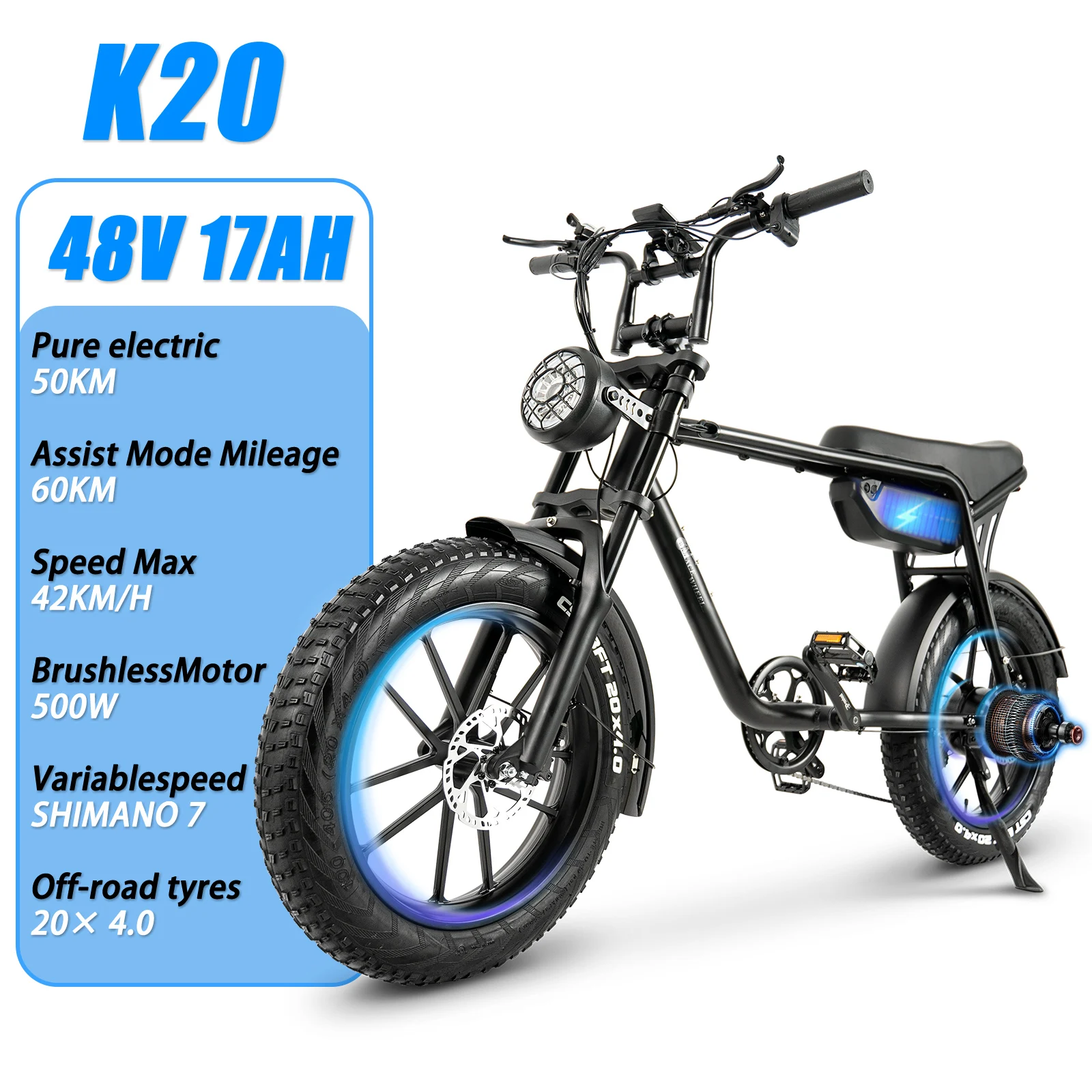 Bici elettrica da 500 W, 48 V, 17 Ah, 20*4 pneumatici fat, 45 km/h