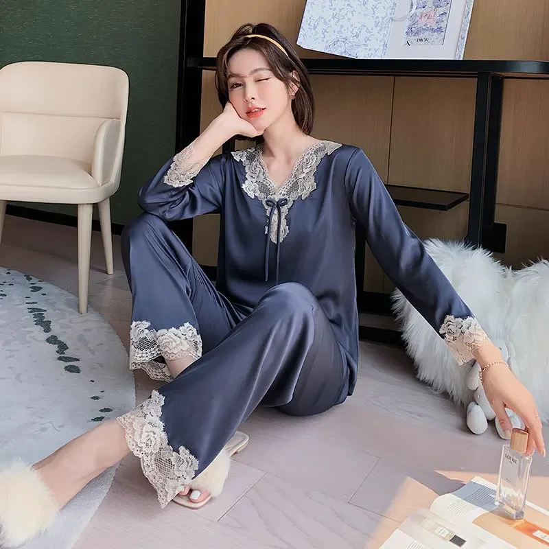 Pajamas Set Men Women Fall Summer Ice Silk Couple Sleepwear Large Size Imitation Silk Loungewear Suit