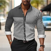 Men’s 3D Line Plaid Shirt High Quality Lapel Long Sleeve Shirt Men’s Social Shirt Luxury Clothing Slim Prom Oversized Shirt