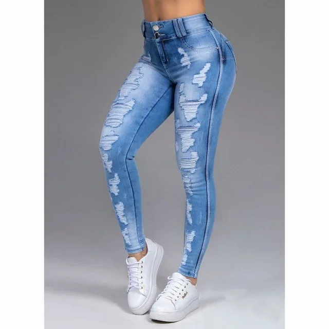 Pantalones vaqueros de cintura alta para mujer, europeos y americanos rasgados, elásticos finos para mujer, pantalones pitillo de longitud completa, Jeans para mamá 2022 - AliExpress