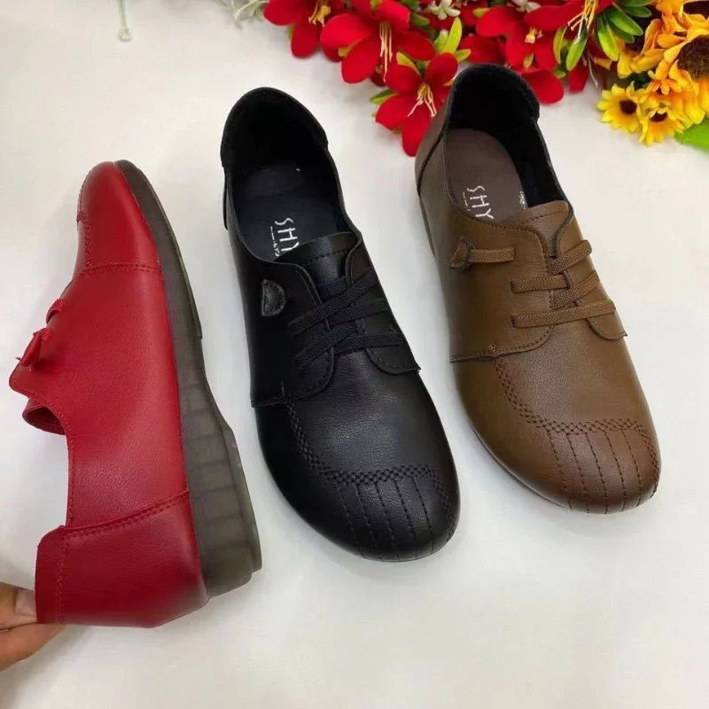 Women Casual Shoes Spring New Vintage Lace Up Soft Soled Non Slip Women Flats Oxford Shoes Soft Leather Woman Single women oxford shoes leather mary jane shoes