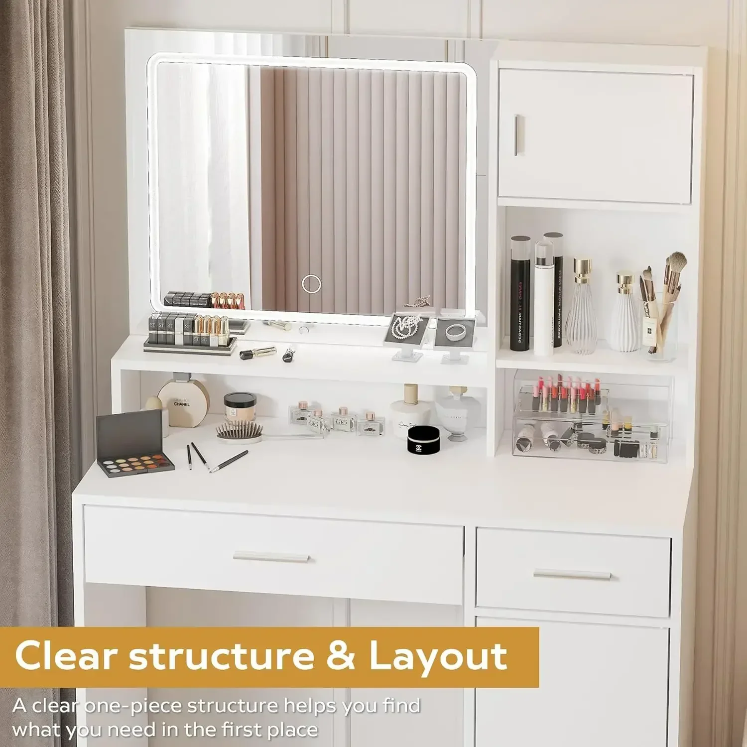 Vanity Desk with Mirror and LED Light Strip,Dressing Table with Large  3 Level Storage Dresser & 3 Lighting Modes Adjustable
