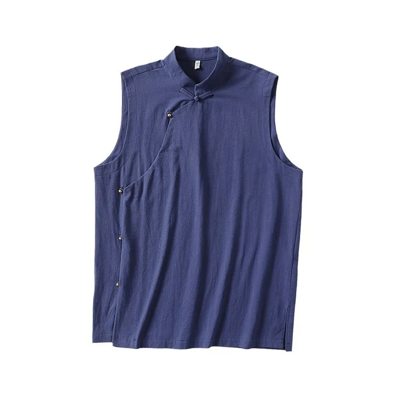 

Летняя оригинальная майка из хлопка и конопли для мужчин, свободная майка большого размера, новинка, китайский жилет для мужчин с пряжкой через плечо Kam