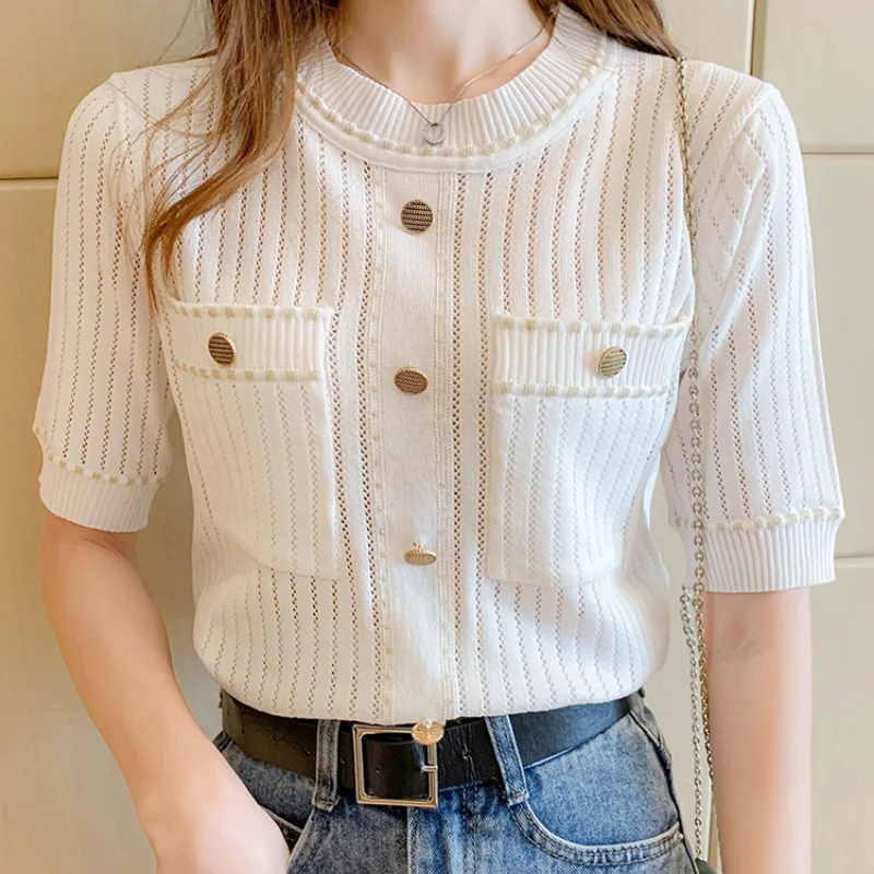 

White Tshirt Women Summer 2023 Short Sleeve Crop Top Ladies Pockets Basic T Shirts Knitted Casual Clothes Tee Shirt Femme