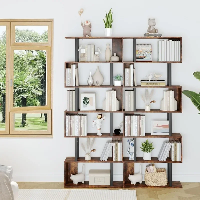 Description Picture 5 of itemYusong Geometric Bookcase, S Shaped Bookshelf 6-Tier Book Shelves for Bedroom, Modern Wood Decorative Display Shelf, Bown