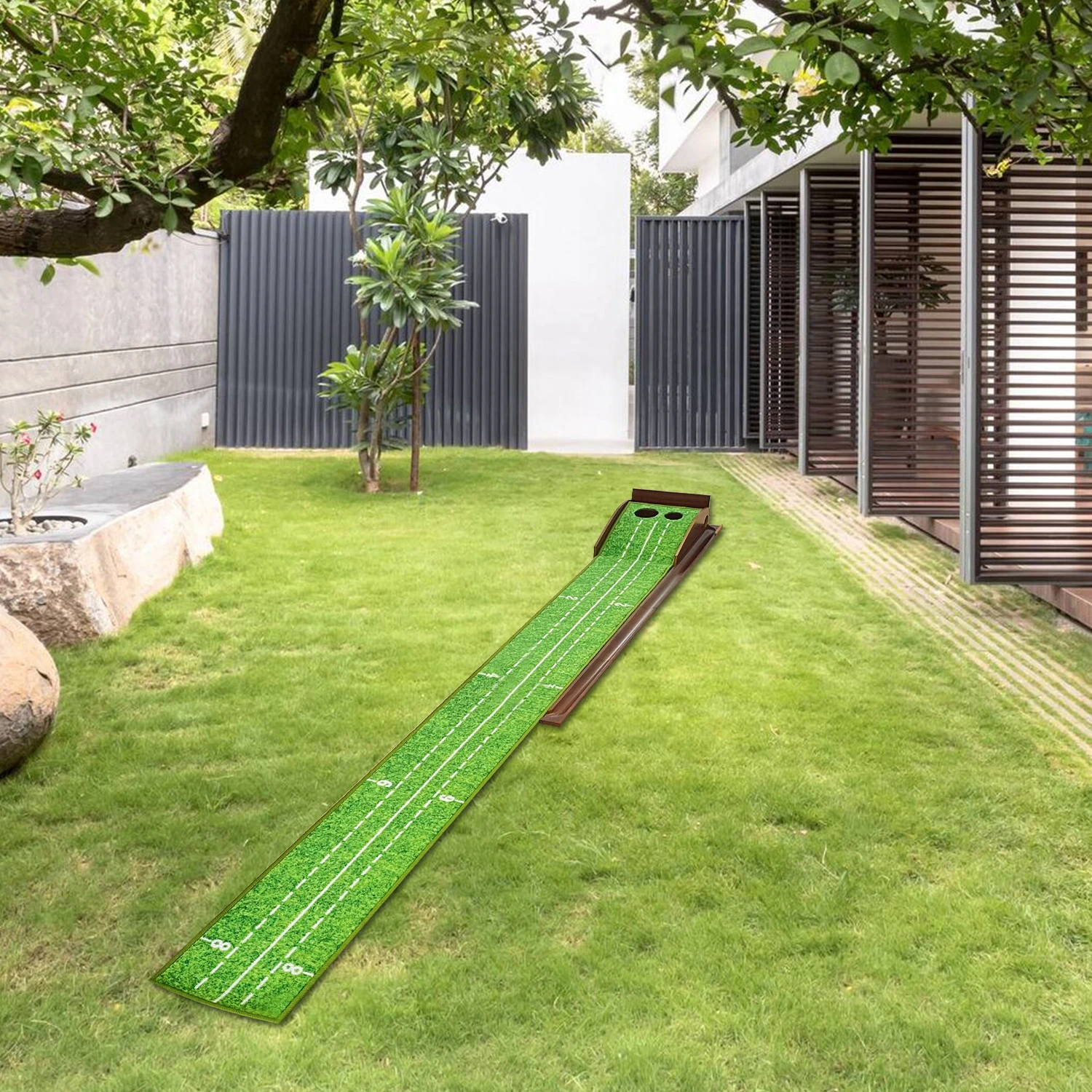 Golf PuttinPerfect your short game anywhere with this Golf Putting Mat for Indoor & Outdoor Practice. Designed for golfers of all skill levels, g Mat for Indoor & Outdoor Practice Use with Wood Auto Ball Return System and 2 Holes Putting Green Accessories 5