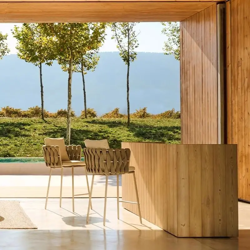 Outdoor Bar Chair Leisure High Stool Balcony Patio Rattan Chair Open Air Restaurant Cafe Aluminum Rope Woven Furniture Design