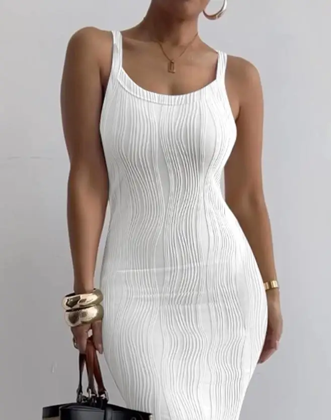 Women's Dresses 2023 Summer Fashion Textured U-Neck Sleeveless Casual Plain Skinny Daily Maxi Dress Woman Clothes
