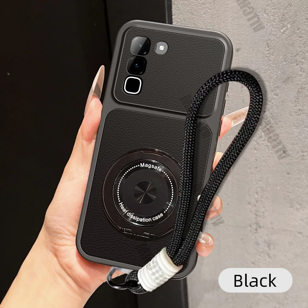 Magnetic Rotating Bracket Phone Case with Lanyard - PU Leather Soft Cover