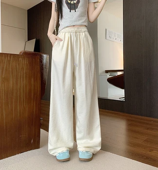 النساء الكاحل طول حجم كبير بنطال ذو قصة أرجل واسعة الصيف عادية الصلبة مرونة الخصر فضفاض الرباط السراويل الخريف جديد الإناث السراويل 5