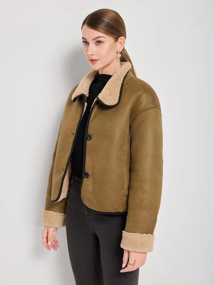 Solid Lamb Wool Coat Women Casual Lapel Single Breasted Pocket Loose Short Warm Jacket New Commute Office Jackets 2025 Winter