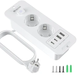Desktop Power Strip with USB and Type C Fast Charging, 2M Extension Cable - 2AC white