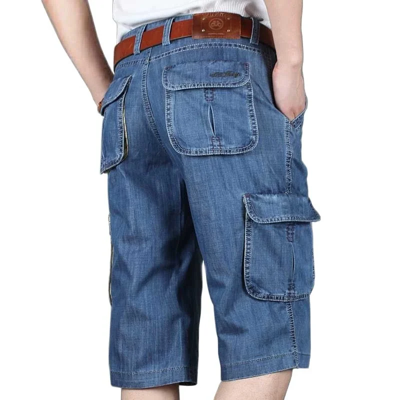 

Summer New Brand Mens Jeans Denim Shorts Cotton Cargo Big Pocket Loose Baggy Wide Leg Embroidery Bermuda Beach Boardshort