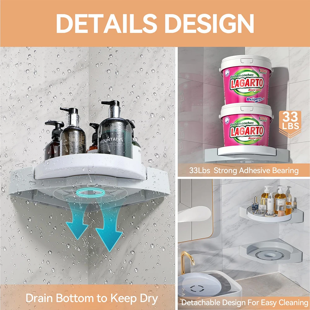 360° Rotating Shower Organizer Shelves Bathroom Corner Storage Shelves Waterproof Wall Shelf Free Punching Shower Caddy Rack 5