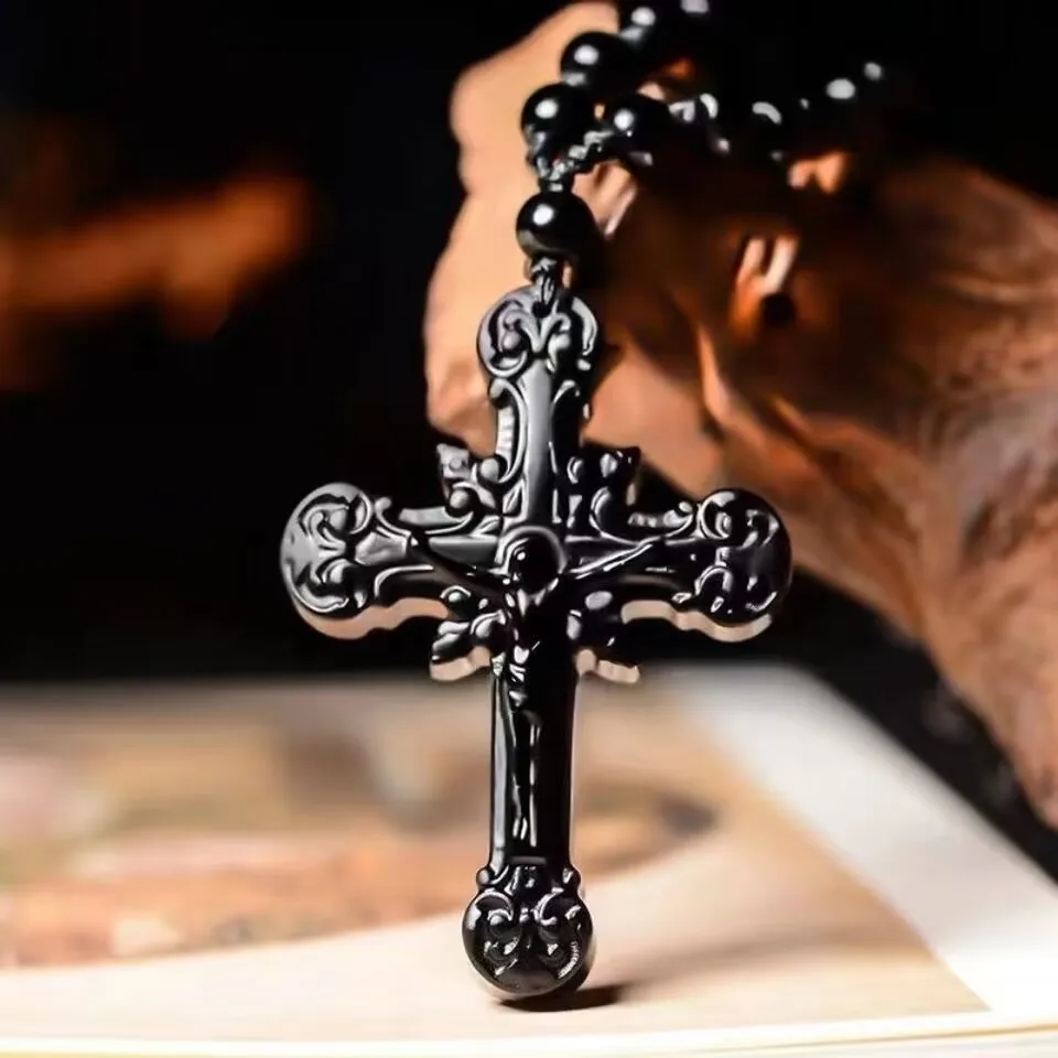 

Black Jesus Cross Pendant Necklace Natural Obsidian Punk Men Women Pendant Necklace Jewelry Fashion Gift