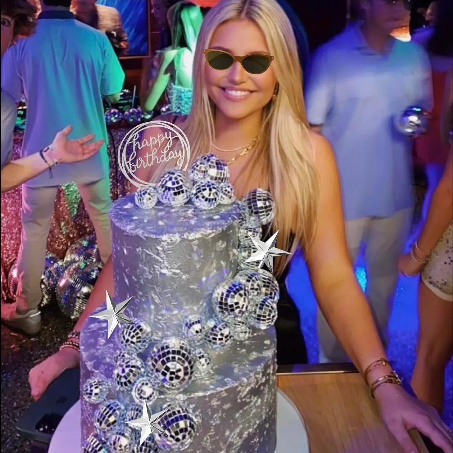 JUYRLE Disco Ball Cake Toppers - 24-Piece Roller Skating 80s/90s Party Decor Set With Mirror Balls