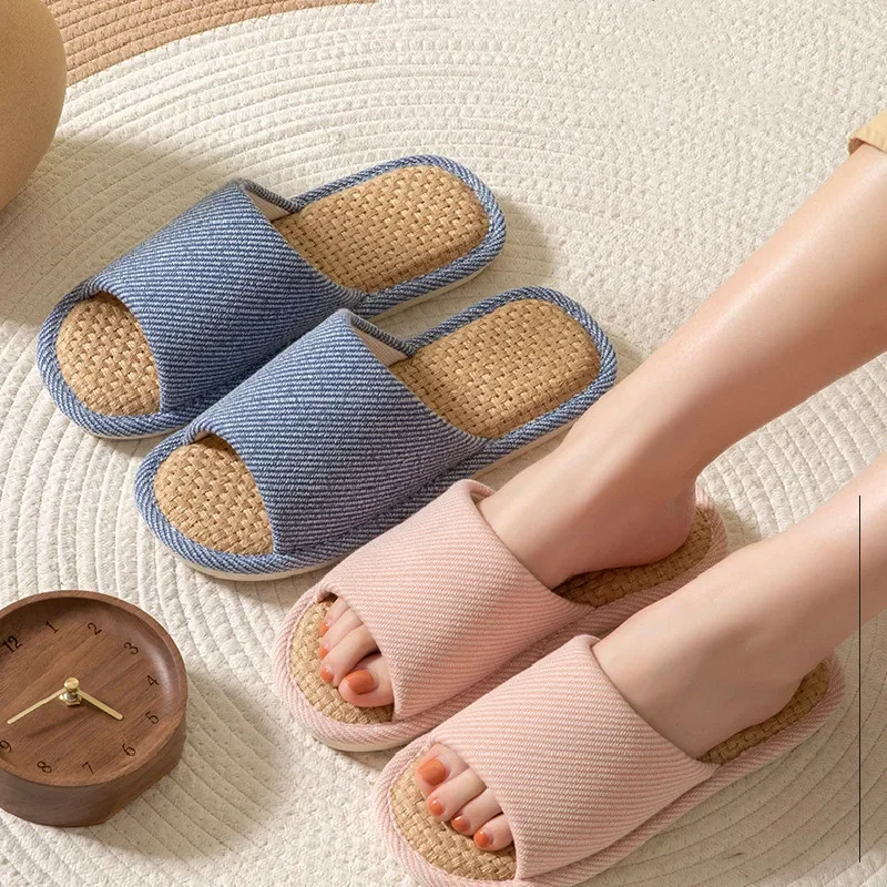 Huislinnen Slippers Mannen Vrouwen Koppels Zachte Dikke Bodem Indoor Huis Anti-Slip Ademend Hennep Slides Japanse Stijl Schoenen