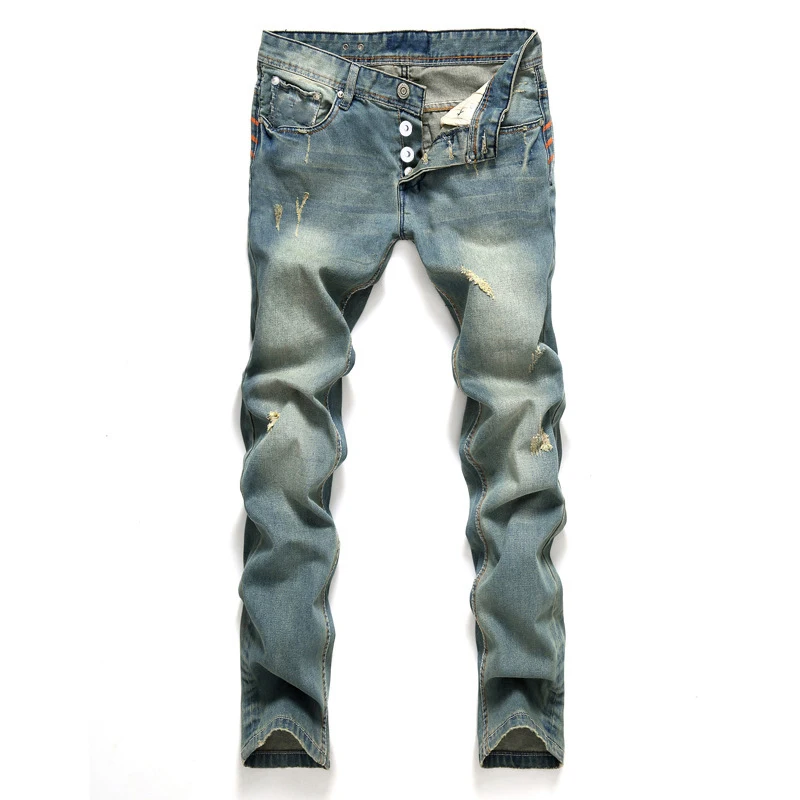 Ripped Jeans Ripped Patchwork Jeans Blue Straight Button Men's European And American Fashion Ripped Regular Fit Denim Jeans Nostalgic Jeans Large Size Four Season