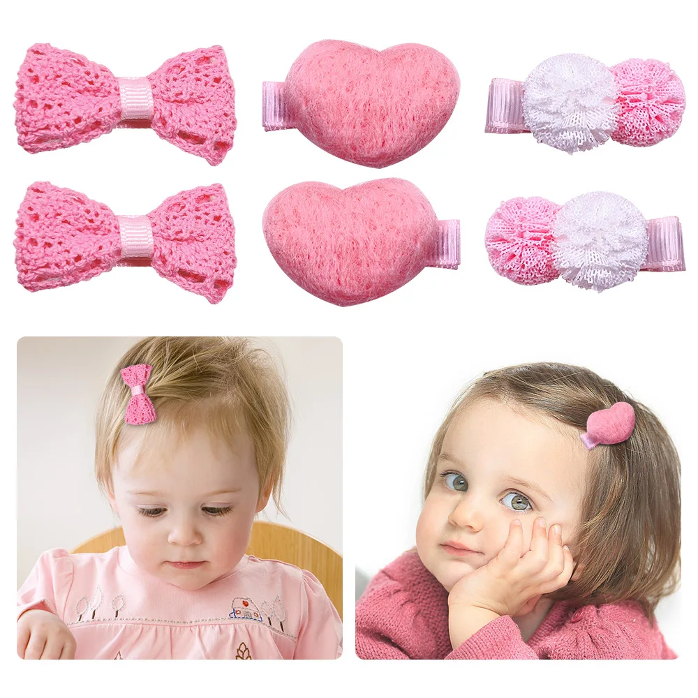 6PC/lot Pink Color Baby Flower Hair Clips Princess Heart Hairpins Kid Girl Lace Embroidered Bow Barrettes Headwear For Children