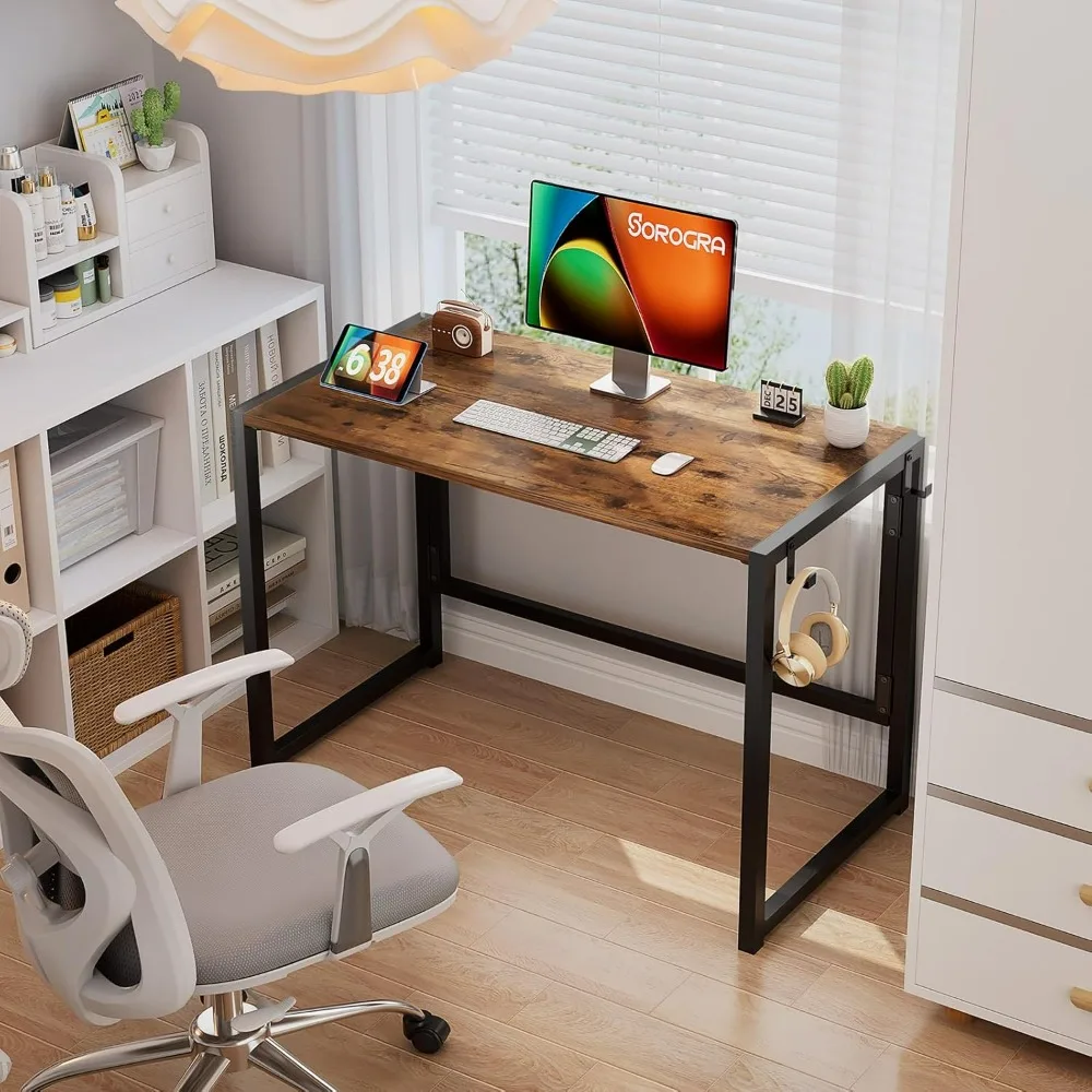 Small Folding Desk 39.4 Inch, Foldable Computer Desks with LED Lights and Monitor Stand, Work Portable Table for Bedroom Home 5