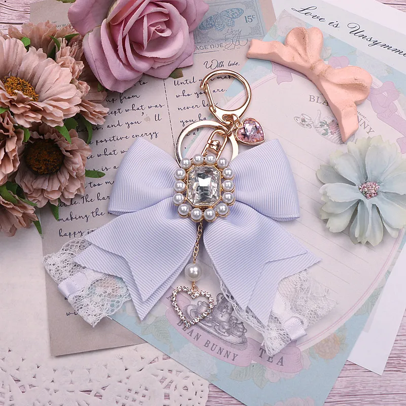 Handmade Japanese Style Girls Big Bow Rhinestone Lace Keychain Sweet Cute Handbag Pendants Lolita Keyrings Bag Charms