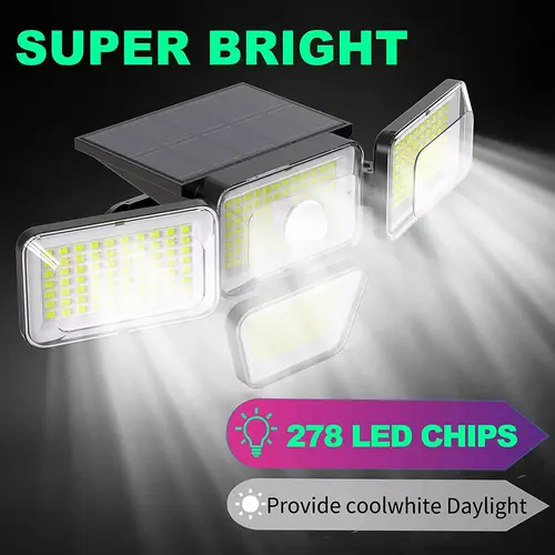 야외 태양광 벽 램프 PIR 모션 센서 164/250/278 LED 조정 가능한 4 헤드 플러드 램프, 정원 마당 가로등 2