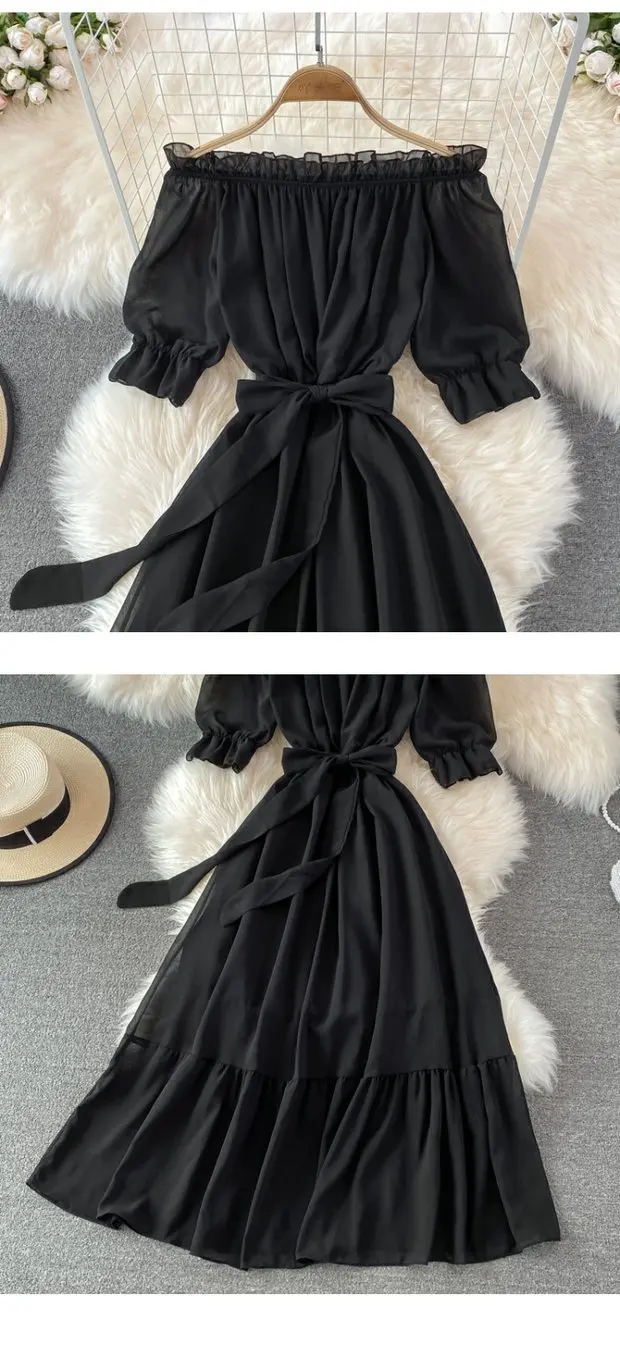 Beach Dress Women Sexy Off The Shoulder Slash Beach Chiffon Dresses Ladies Elegant A Line Bandage Party Dress Long Robe