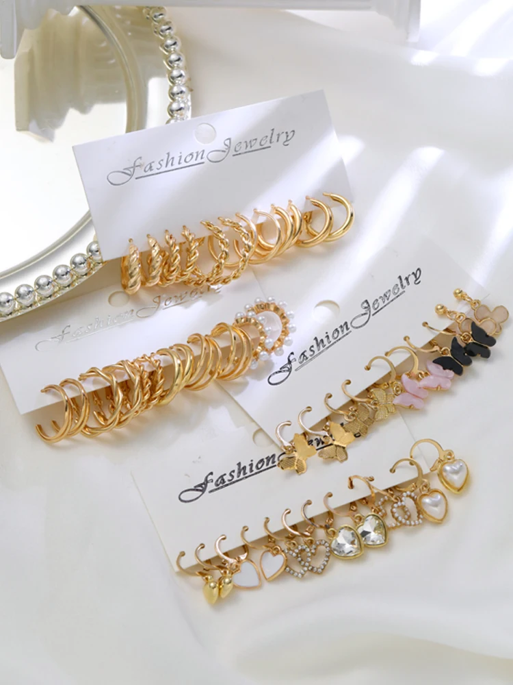 23 Pcs Gold Color Hoop Earring Set for Women Boho Vintage Butterfly Heart Pearl Circle Dangle Earrings New Trendy Jewelry Gifts