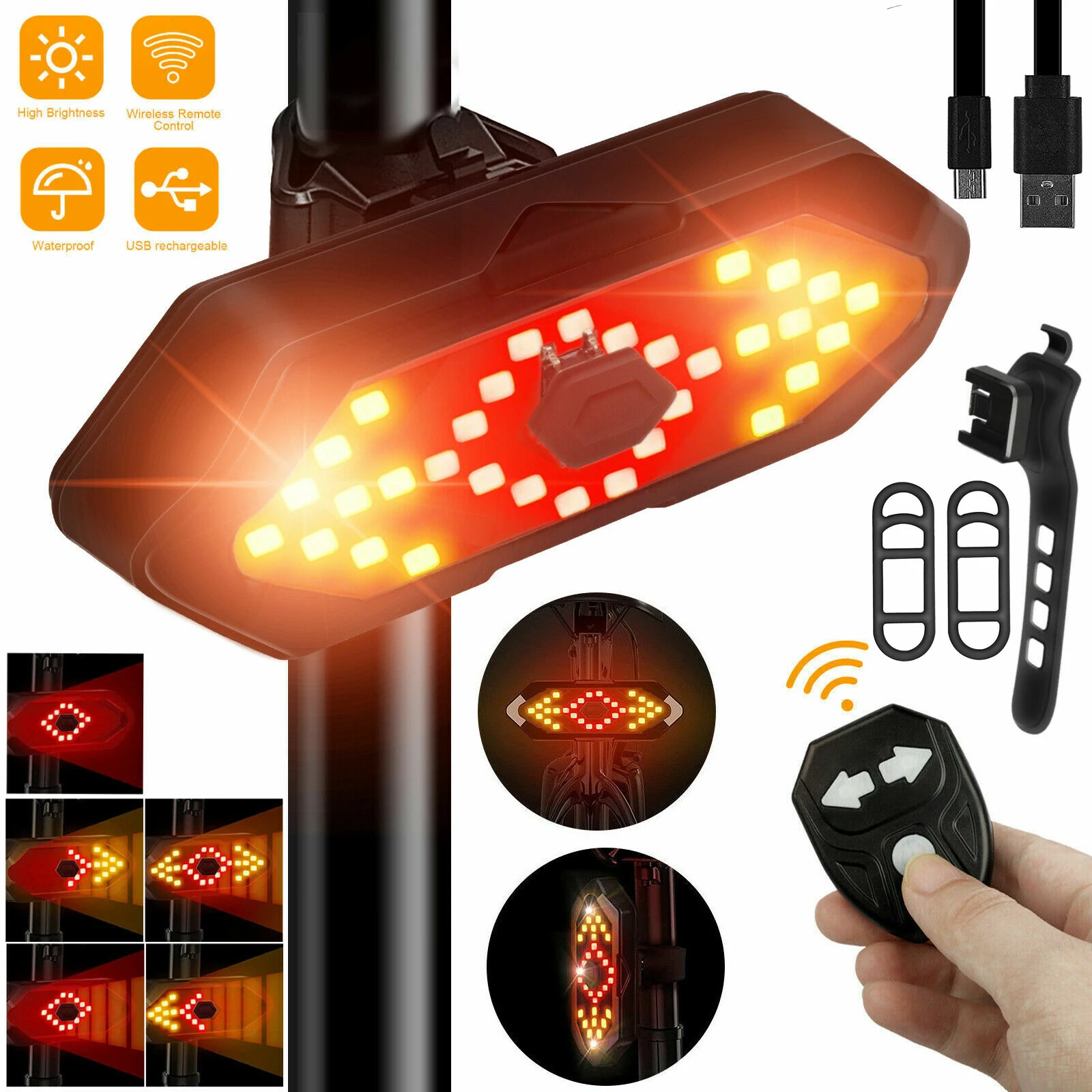 Bike Rear Light Tail Light with Turn Signals Wireless Remote Control Led Bicycle Rear Light USB Rechargeable Safety Warning Cycling Lights